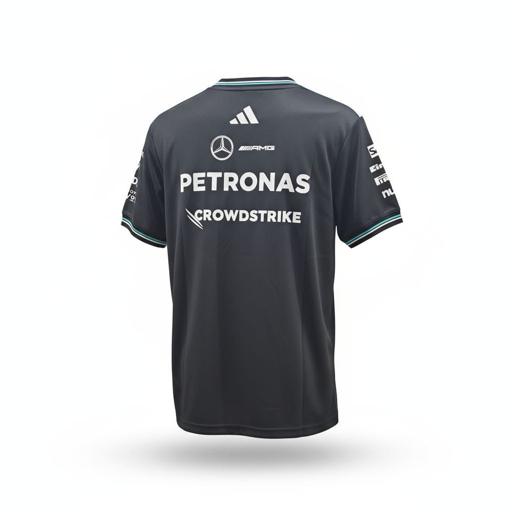 CAMISETA F1 ADIDAS CUELLO V COLOR NEGRO MANGA CORTA CON FRANJAS VERDES Y BLANCAS
