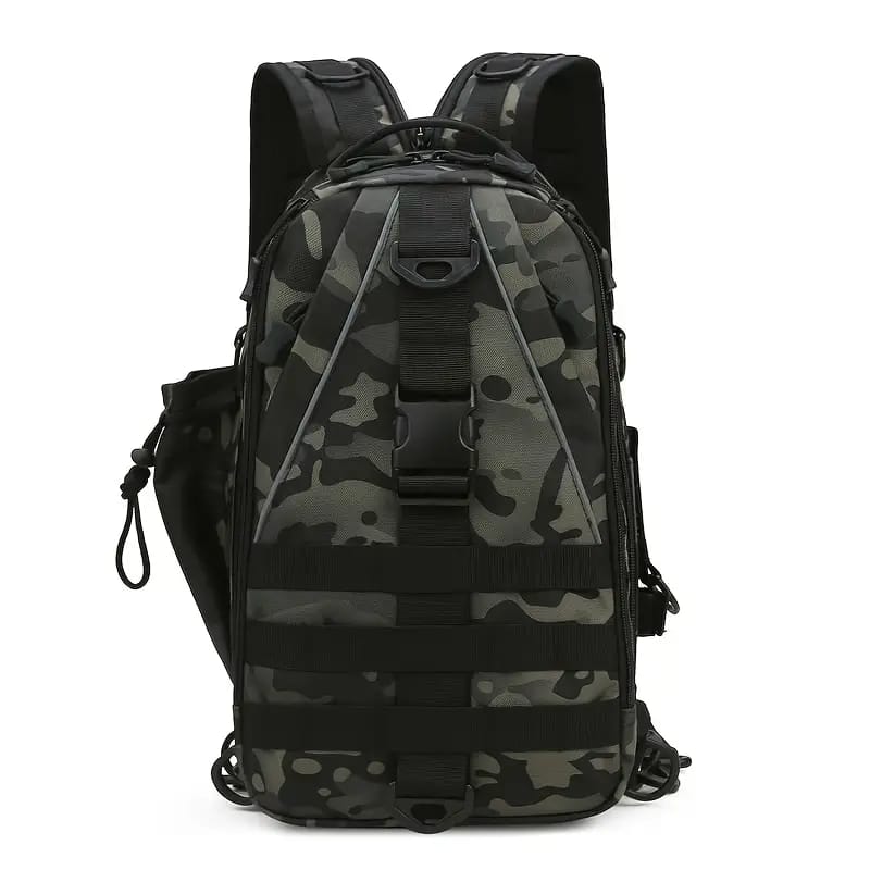 MOCHILA DE PESCA PEQUEÑA DOBLE HOMBRO COLOR MOTEADA VERDE Y NEGRO