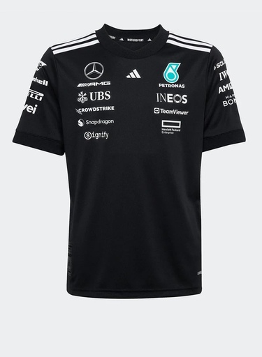 CAMISETA FORMULA 1 ADIDAS  CUELLO REDONDO COLOR NEGRO MANGA CORTA CON FRANJAS BLANCAS